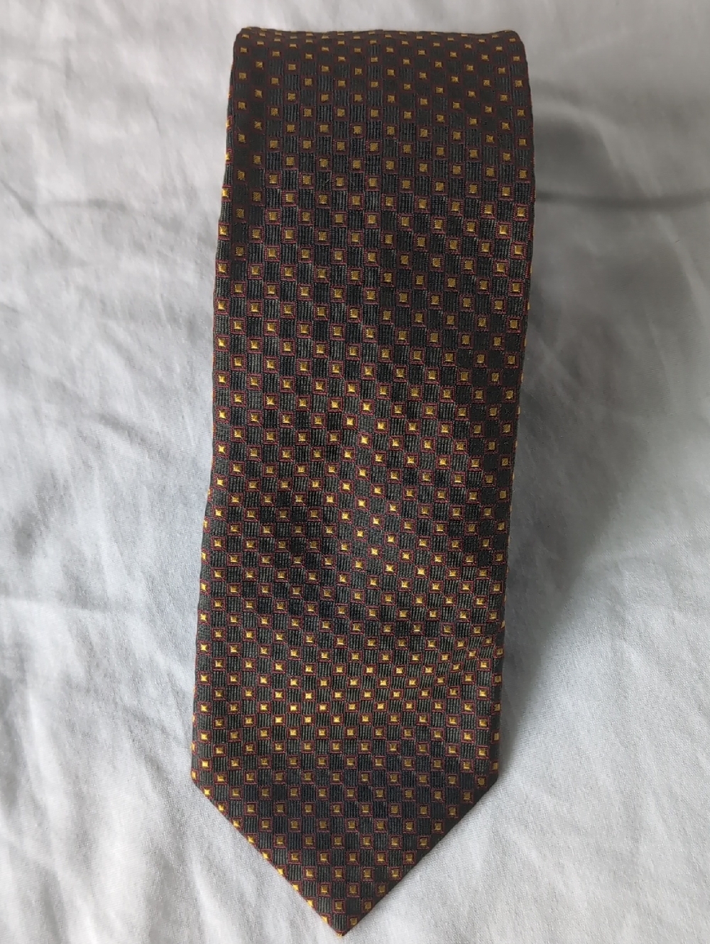 Men's Geometric Silk Tie with Red Yellow Squares